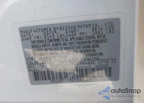 2019 Nissan Sentra Sv z USA, uszkodzony, nr VIN 3N1AB7AP9KY334154